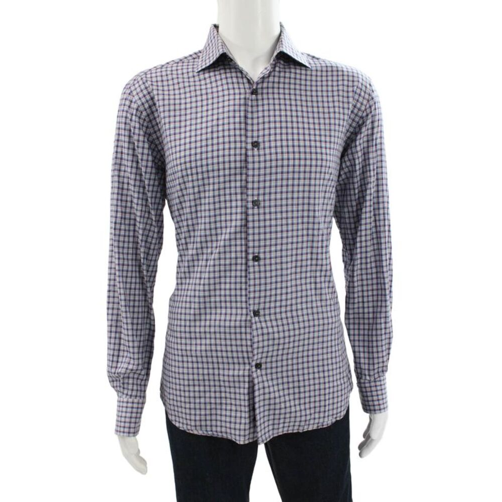 Neiman Marcus Mens Button Down Multicolor Plaid Cotton Long Sleeve Shirt Size L
